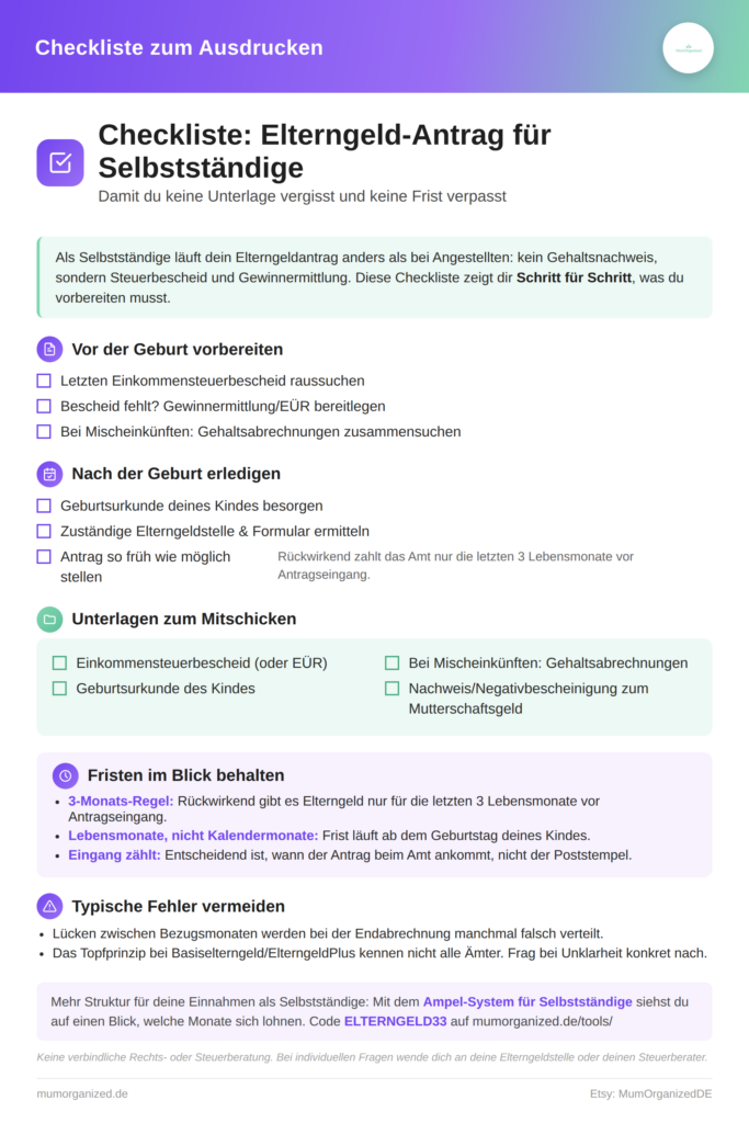 Vorschau der Checkliste: Elterngeld-Antrag für Selbstständige