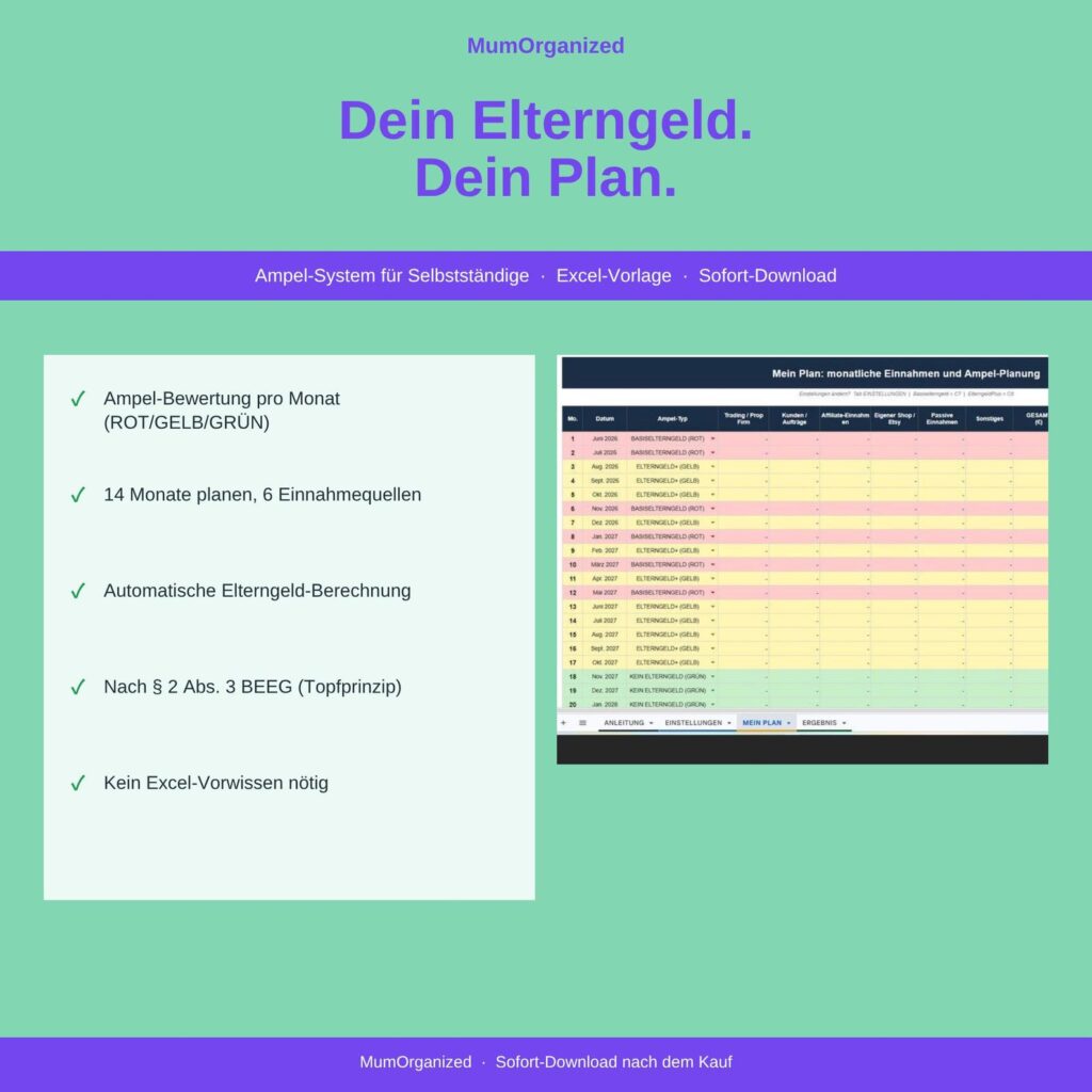 Ampel-System Elterngeld für Selbstständige – Excel-Vorlage mit Monatsübersicht in Rot, Gelb und Grün