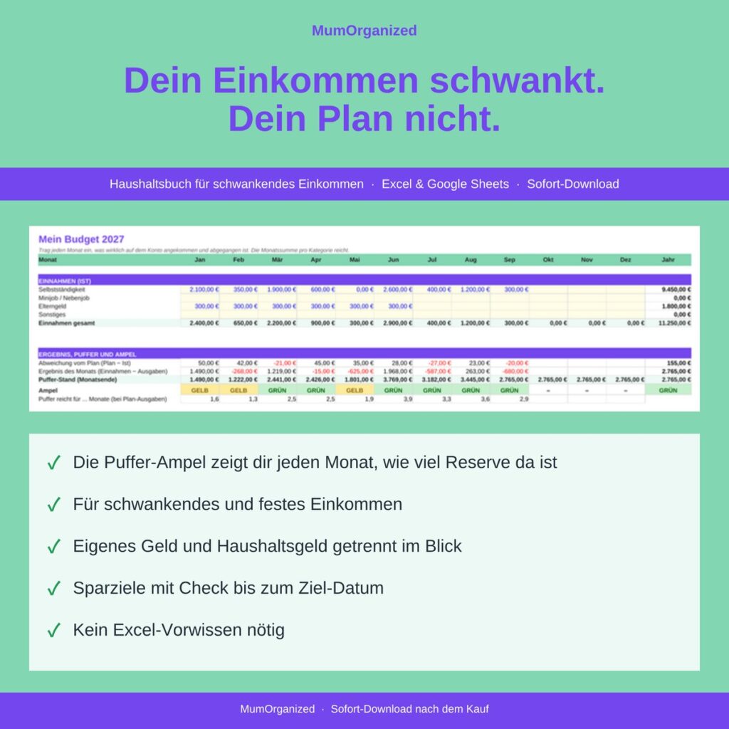Haushaltsbuch für schwankendes Einkommen: Excel-Vorlage mit Puffer-Ampel, Mein Budget und Sparzielen